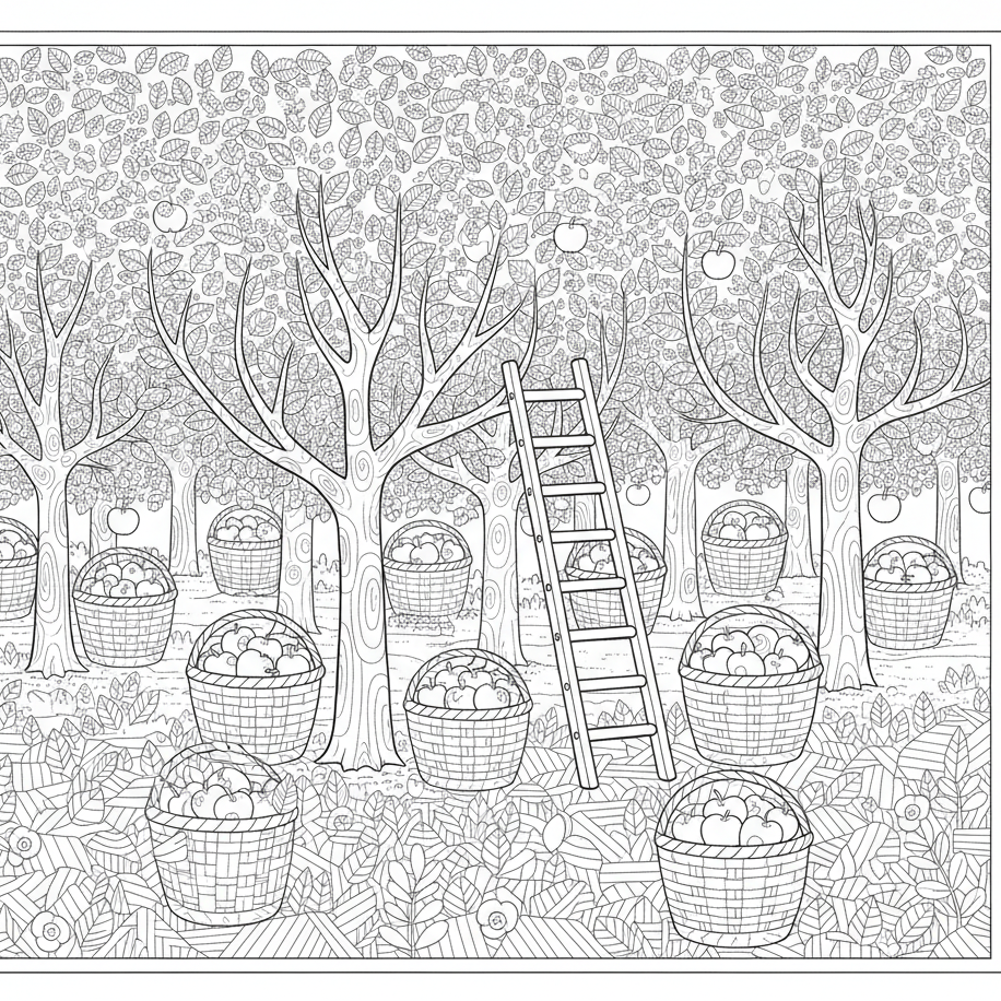 Orchard scene — printable apple coloring page