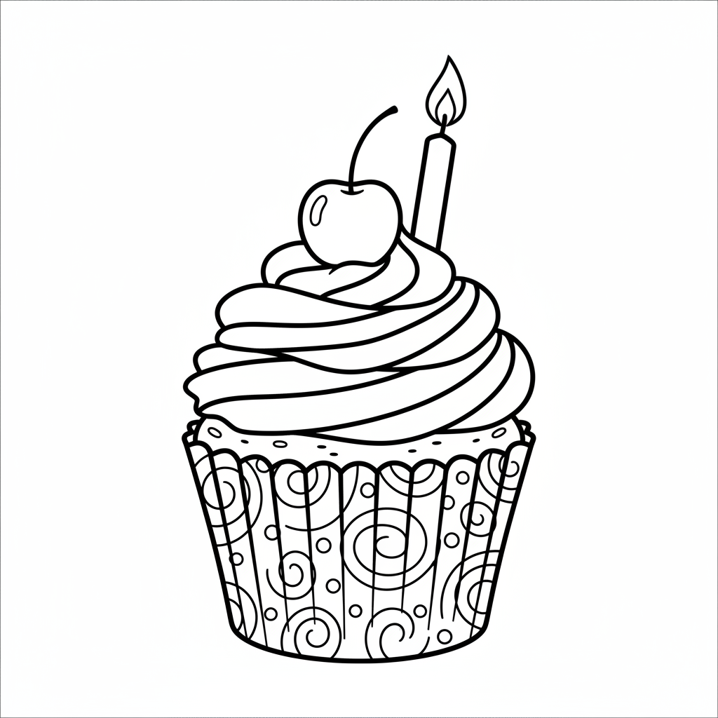 Cupcake with a candle — printable birthday coloring page