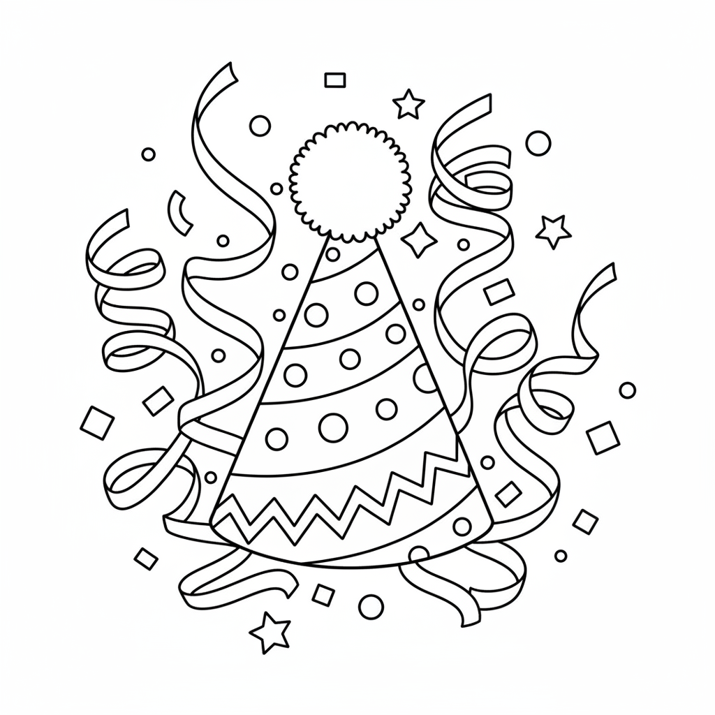 Party hat and streamers — printable birthday coloring page
