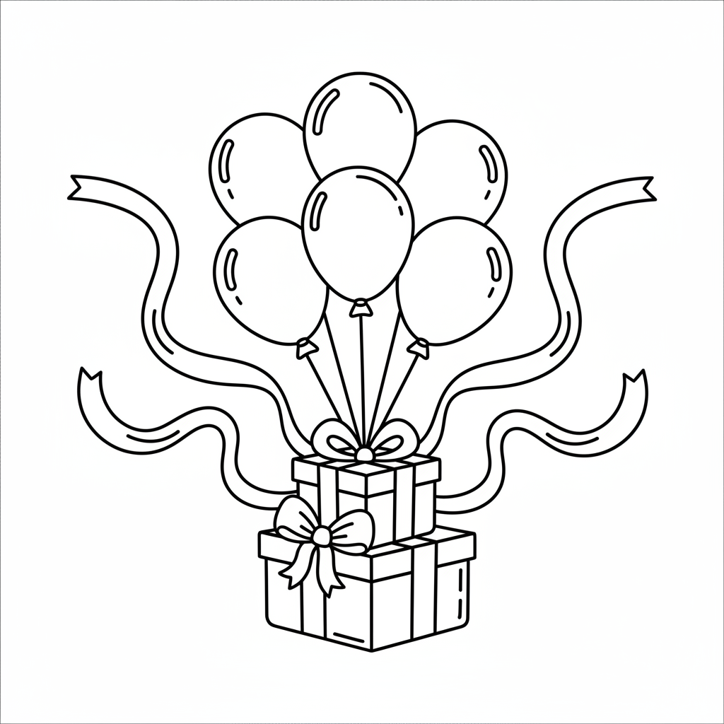 Gift and balloons scene — printable birthday coloring page