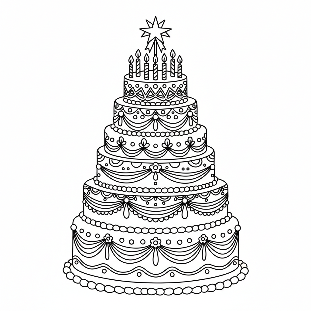 Tiered celebration cake — printable birthday coloring page