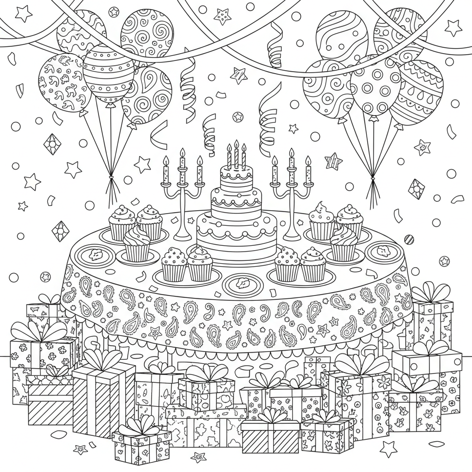 Party table scene — printable birthday coloring page