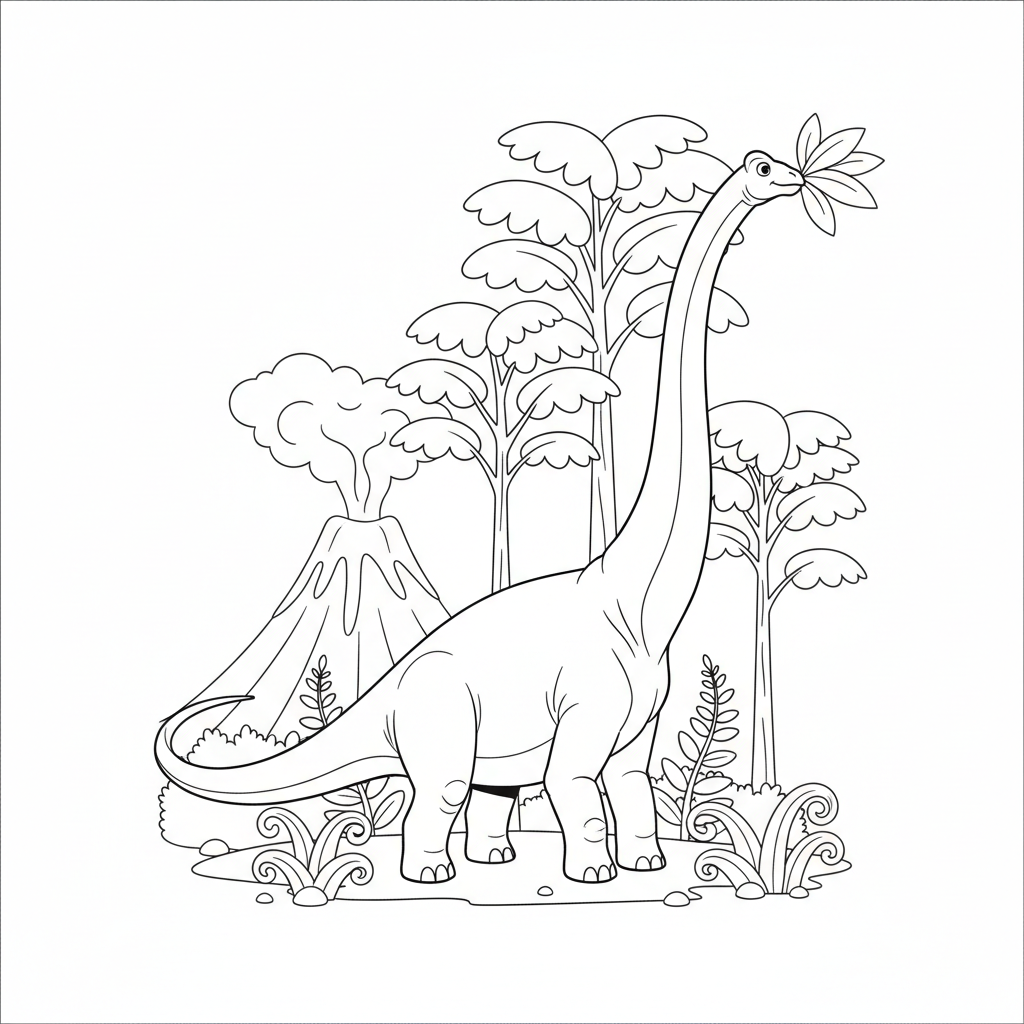 Long-neck by a volcano — printable dinosaur coloring page