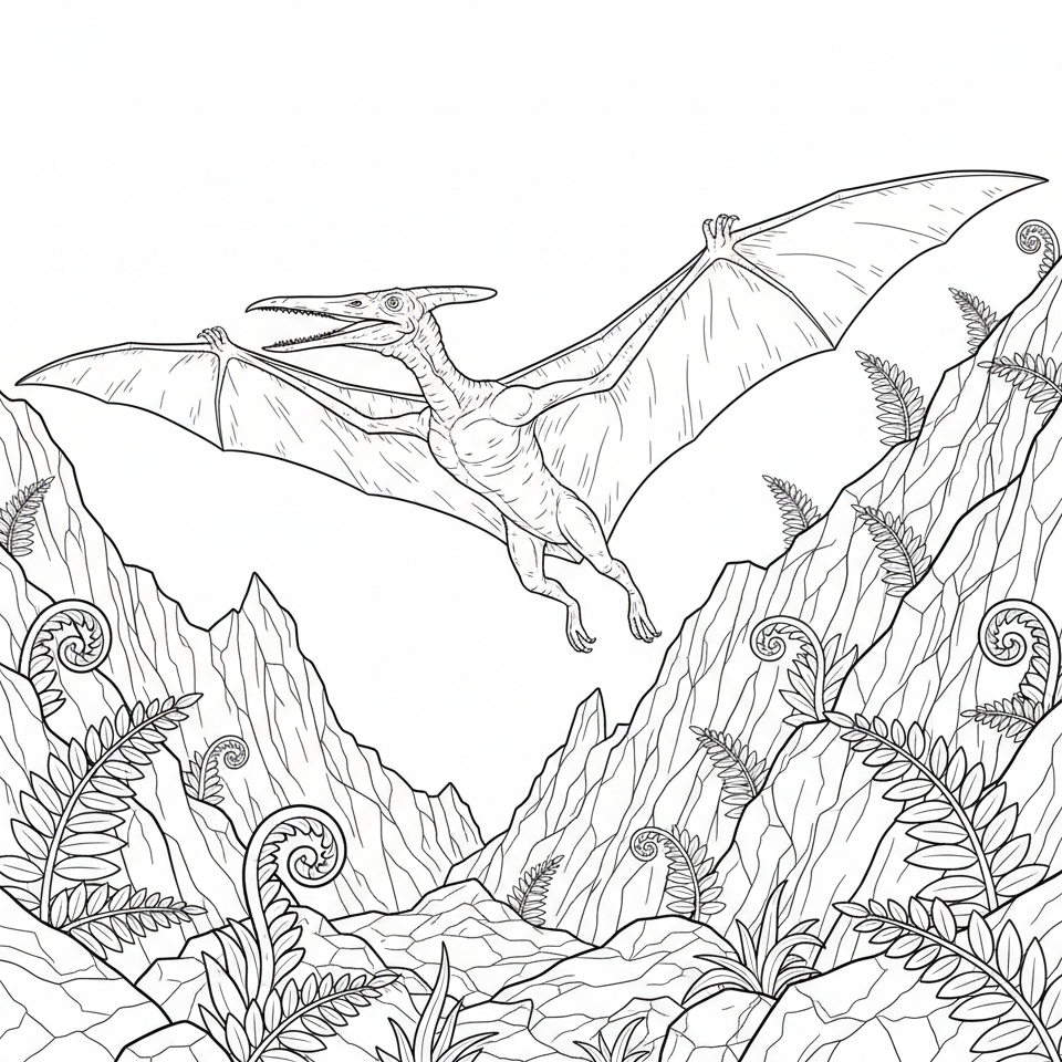 Pterodactyl over cliffs — printable dinosaur coloring page