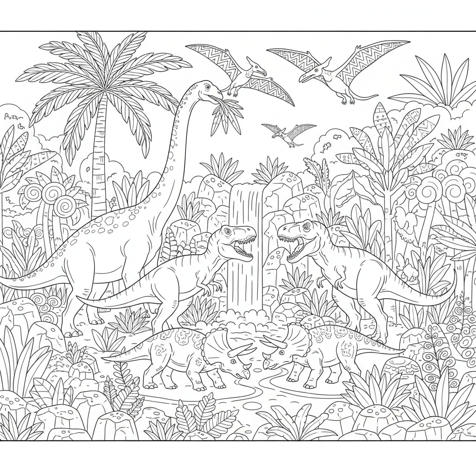 Prehistoric scene — printable dinosaur coloring page