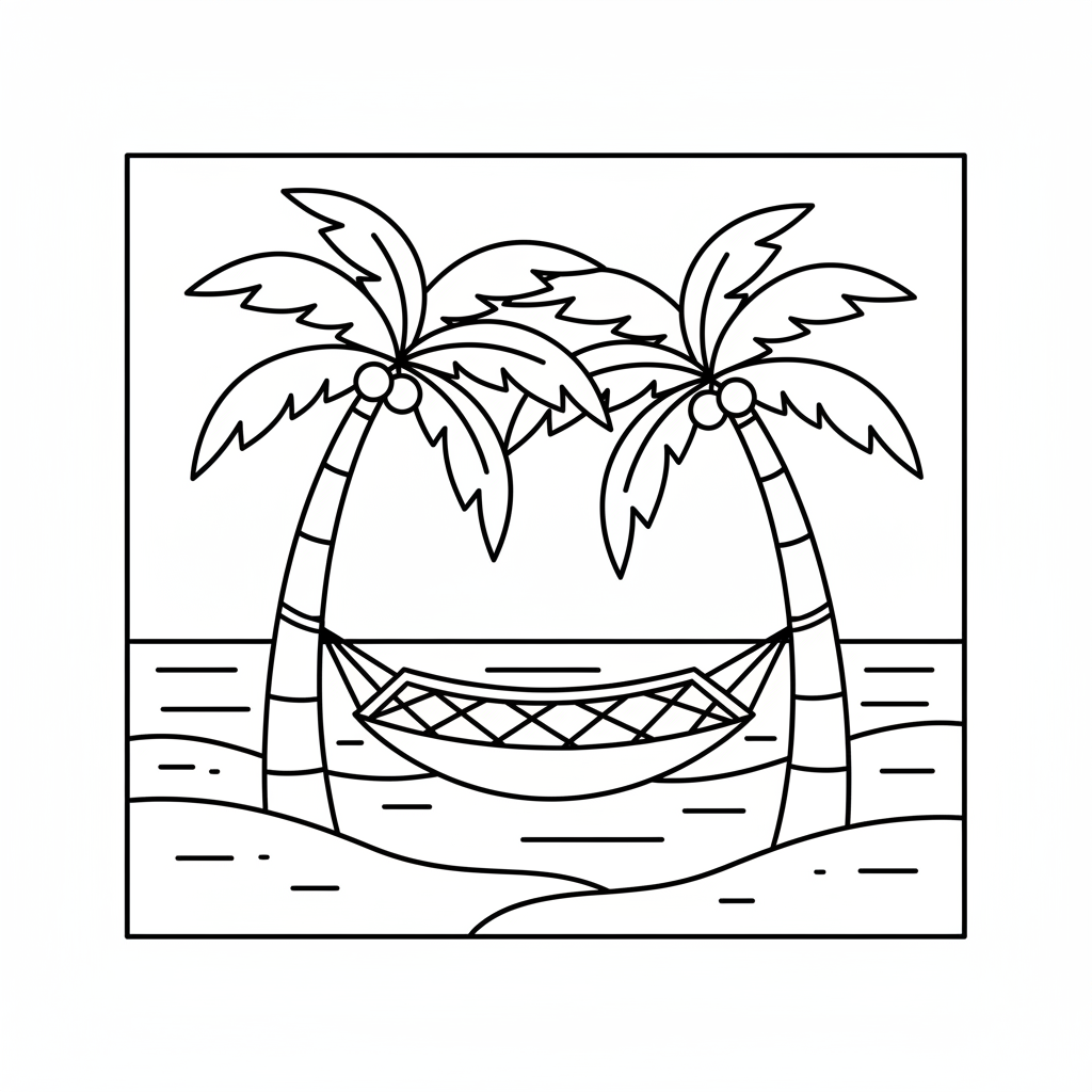 Two palms and a hammock — printable palm tree coloring page