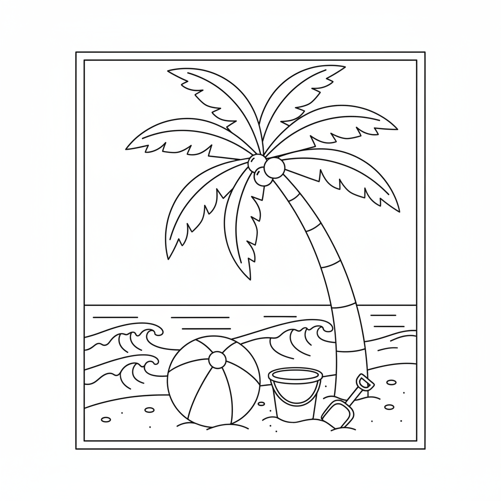 Tropical beach scene — printable palm tree coloring page