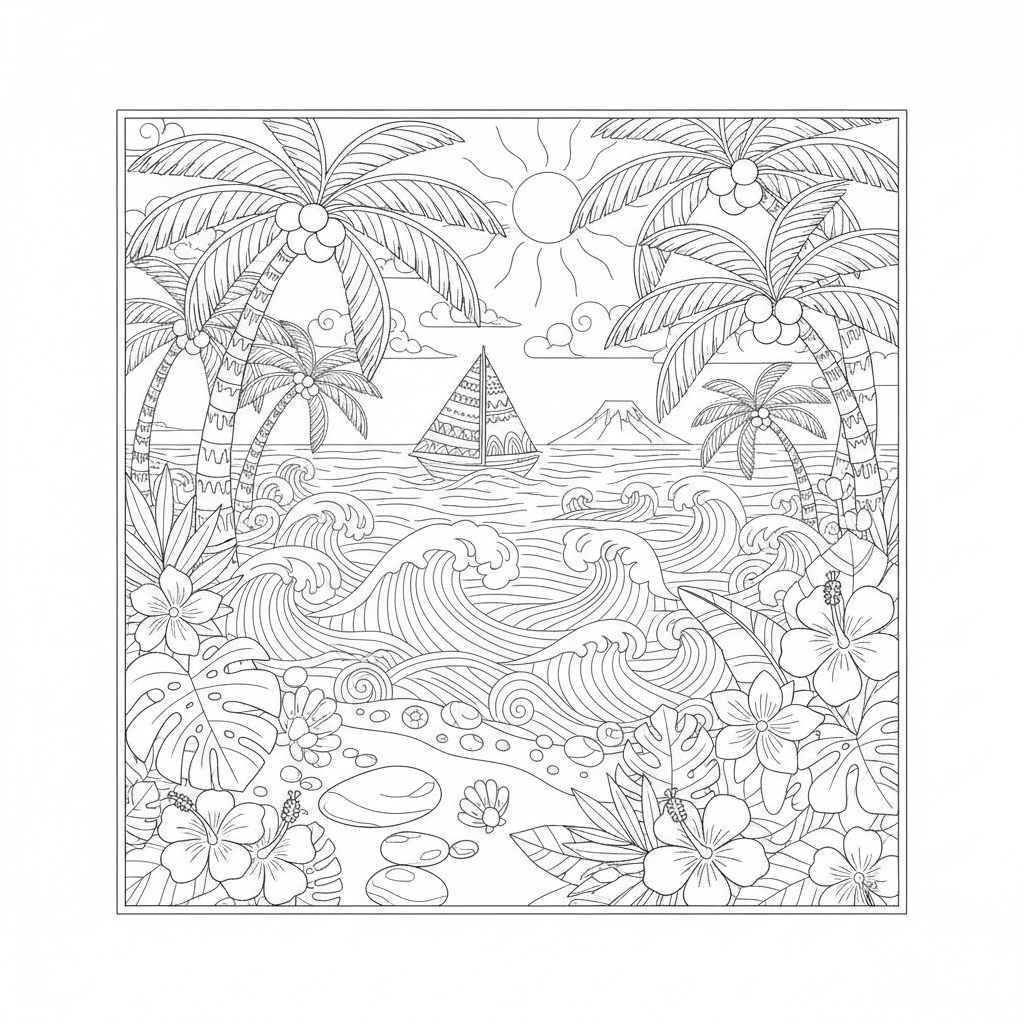 Tropical island scene — printable palm tree coloring page