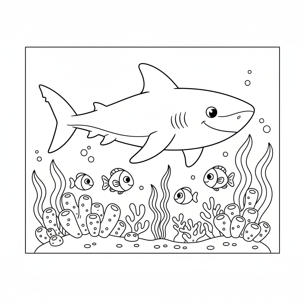 Shark over a reef — printable shark coloring page