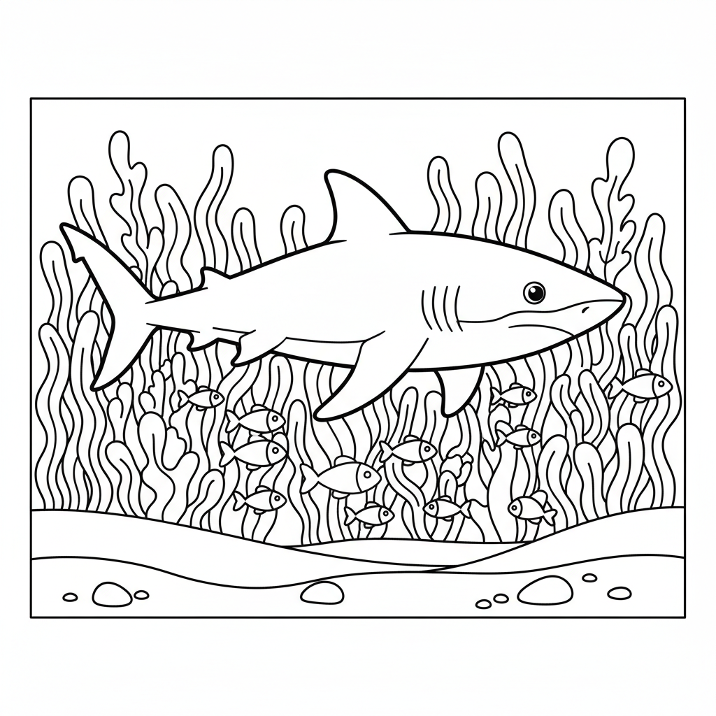 Shark and diver's view — printable shark coloring page
