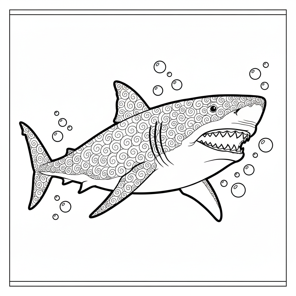 Great white detail study — printable shark coloring page