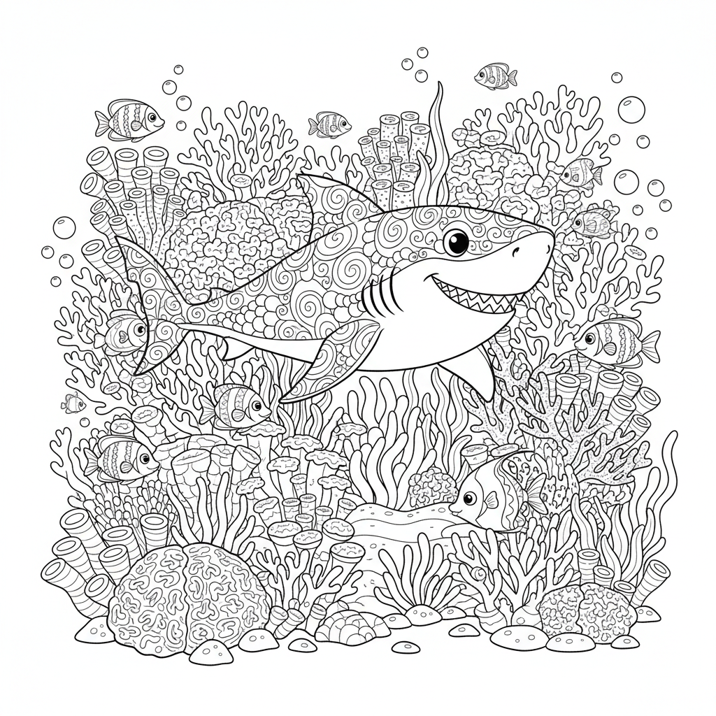 Reef scene — printable shark coloring page