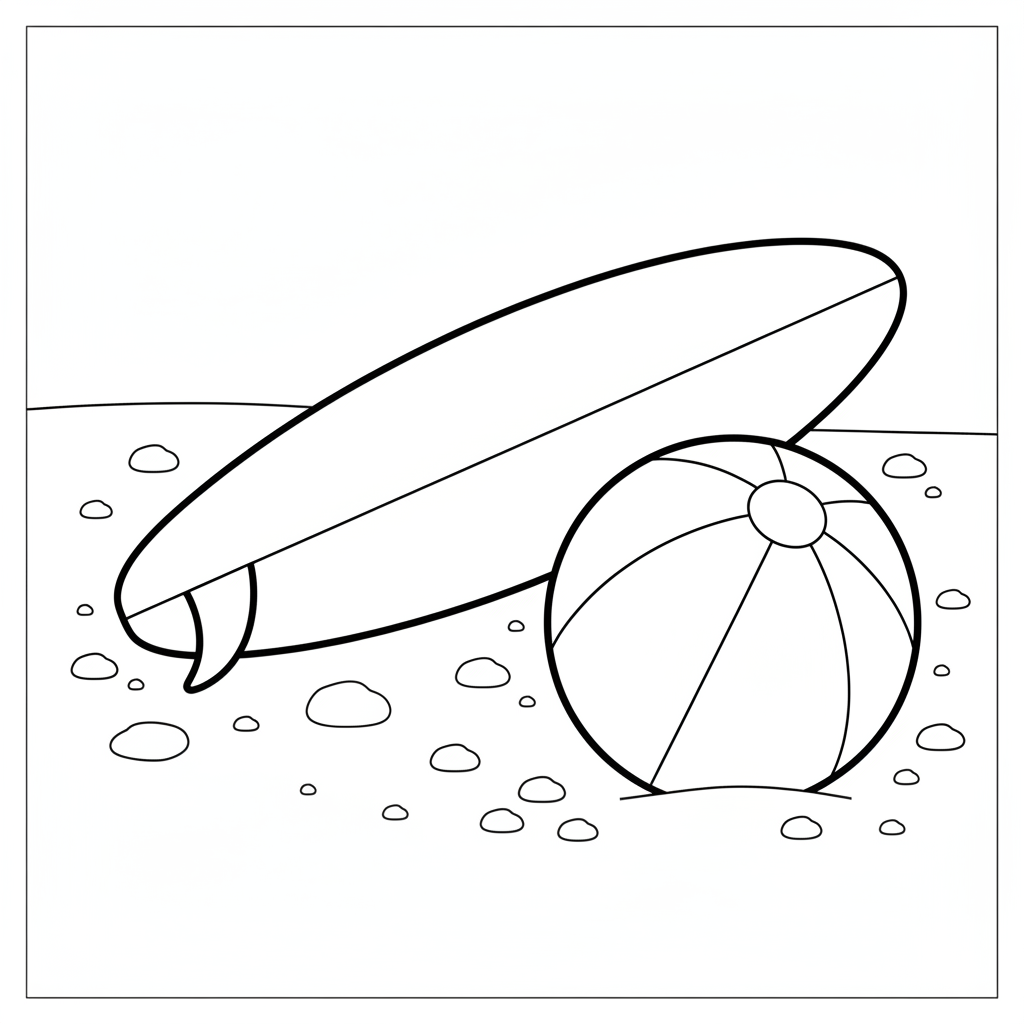 Beach ball and board — printable surfing coloring page