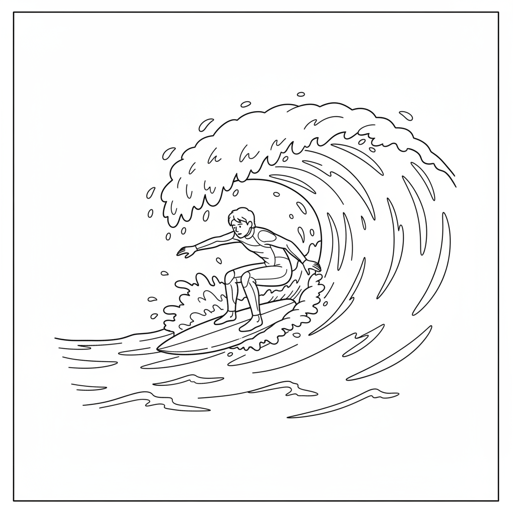 Surfer riding a wave — printable surfing coloring page