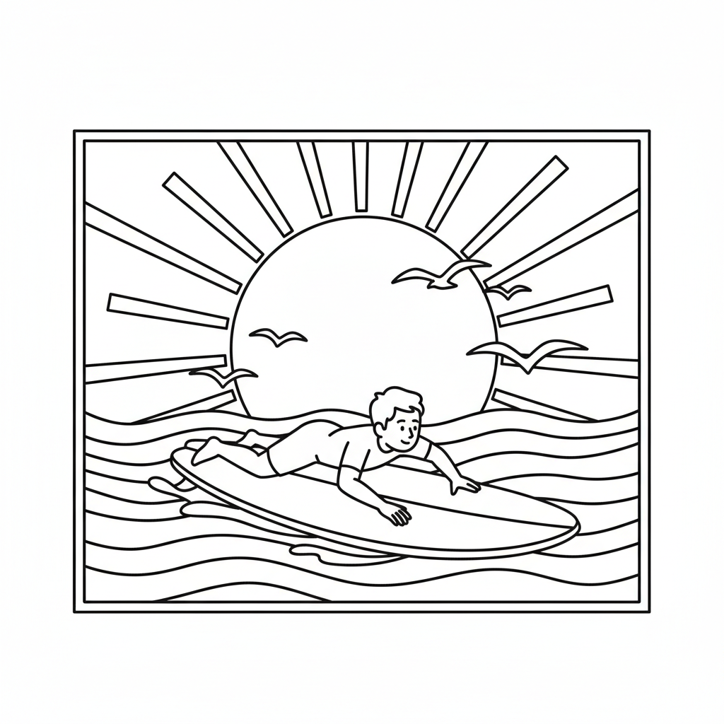 Surfer and sun — printable surfing coloring page