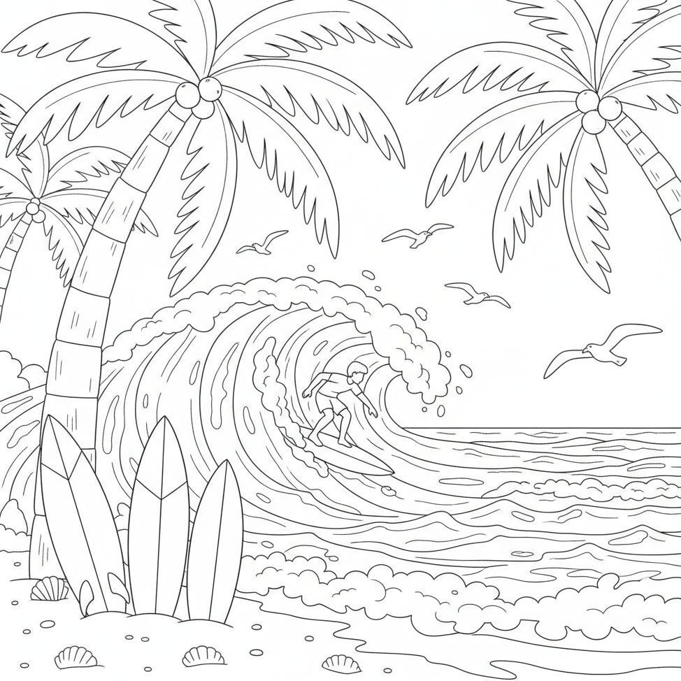 Surf beach scene — printable surfing coloring page